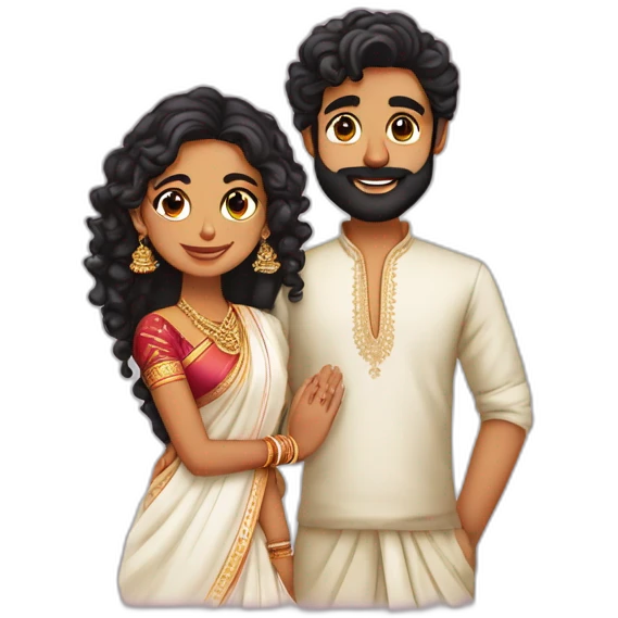 south indian girl with curly hair marrying south indian guy with straight hair and beard wearing dhoti emoji