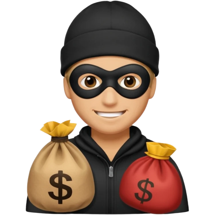 smiley robber wears black eye mask and black beanies with money bag beside him emoji