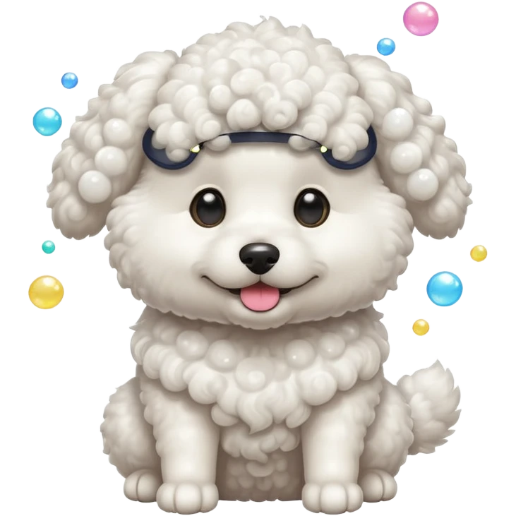 white curly dog with soap bubbles emoji