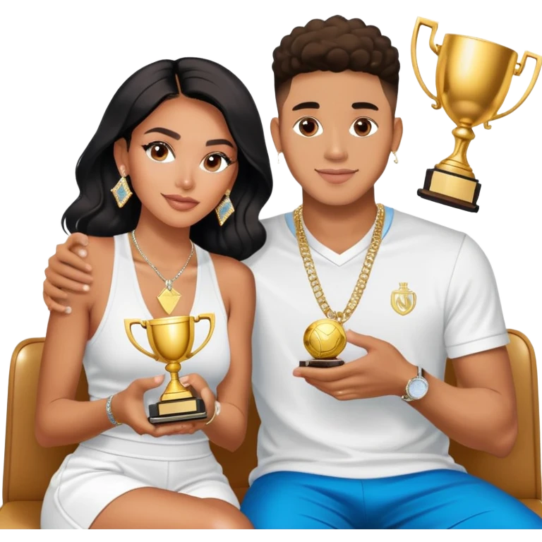 Breaking news Internet celebrity Josh King Madrid jetset wearing shiny diamond earrings and sparkly iced out diamond tennis necklace chains with Instagram model girl tefi valenzuela sitting with him holding gold internet celebrity trophy on tv show in Miami emoji