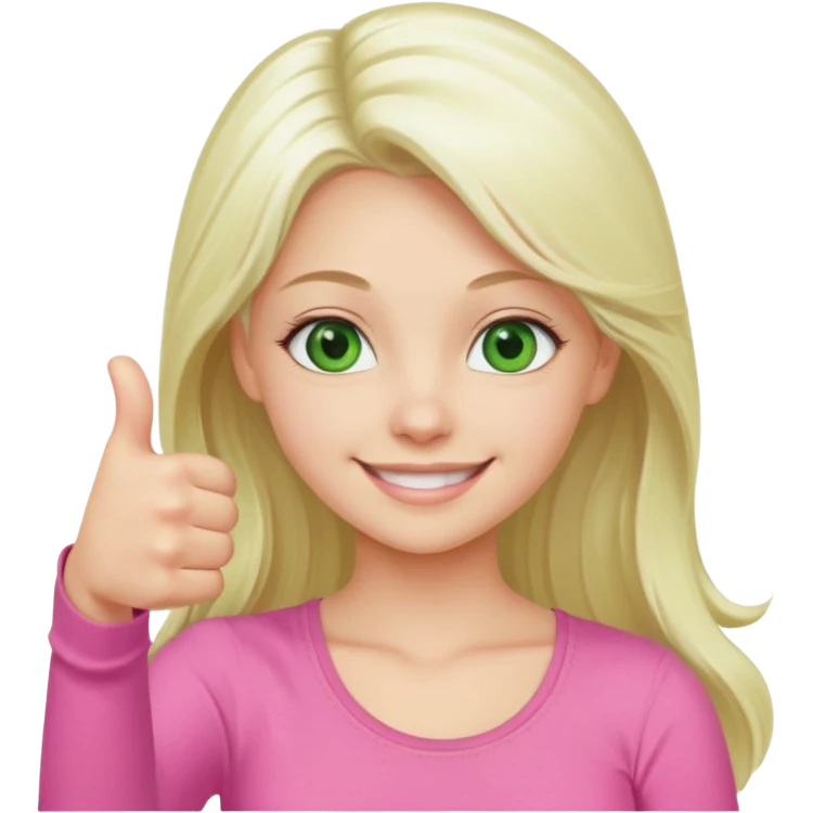 Long platinum blonde hair girl with green eyes in  pink top showing a thumbs up emoji