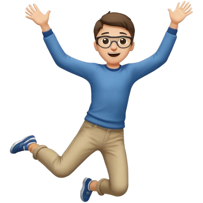 Very excited boy, jumping for joy, full body, eyes closed, wearing glasses emoji