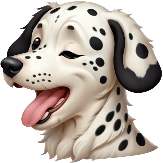Cinematic Cute Yawning Spotted Dalmatian Portrait Emoji, Head tilted slightly with a dramatic, wide-open yawn, showcasing a smooth Fur of predominantly white with bold black patches, floppy ears slightly drooping, round eyes barely open in drowsy contentment, Simplified yet irresistibly adorable features, highly detailed, glowing with a soft, cozy glow, high shine, relaxed yet expressive, stylized with a touch of whimsy, bright and endearing, soft glowing outline, capturing the essence of a sleepy yet affectionate guardian, so drowsy it feels like it could stretch out of the screen and curl up for a nap! emoji