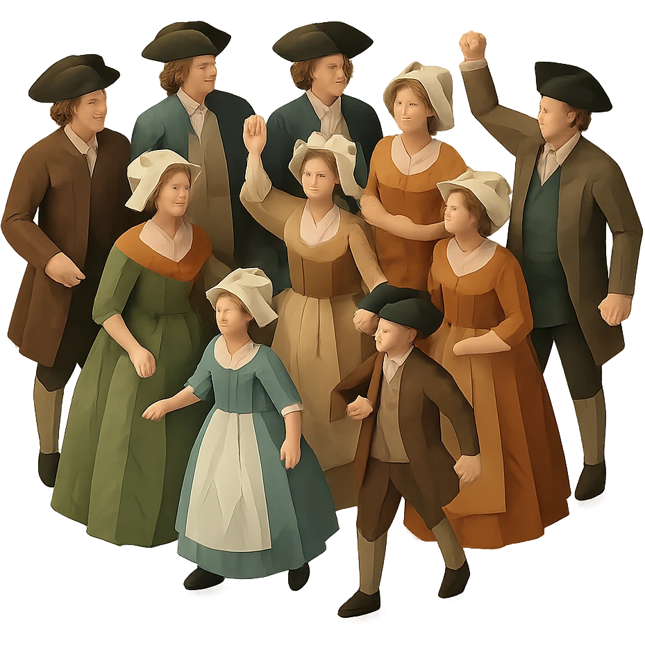 isometric illustration of a full body 18th century crowd, period-appropriate clothing and hats, men, women, and children, dynamic poses, standing together, no background emoji