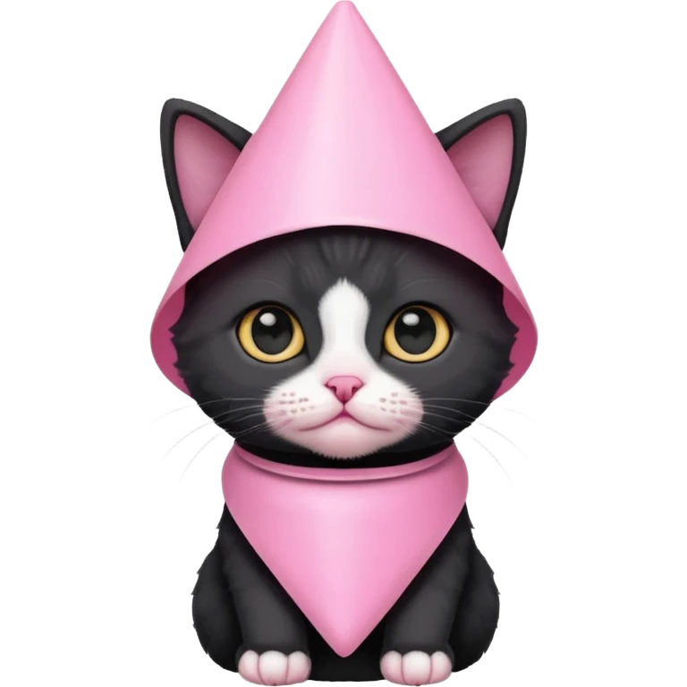 A mostly black kitten with a white chest and a plastic cone on around his head after surgery emoji