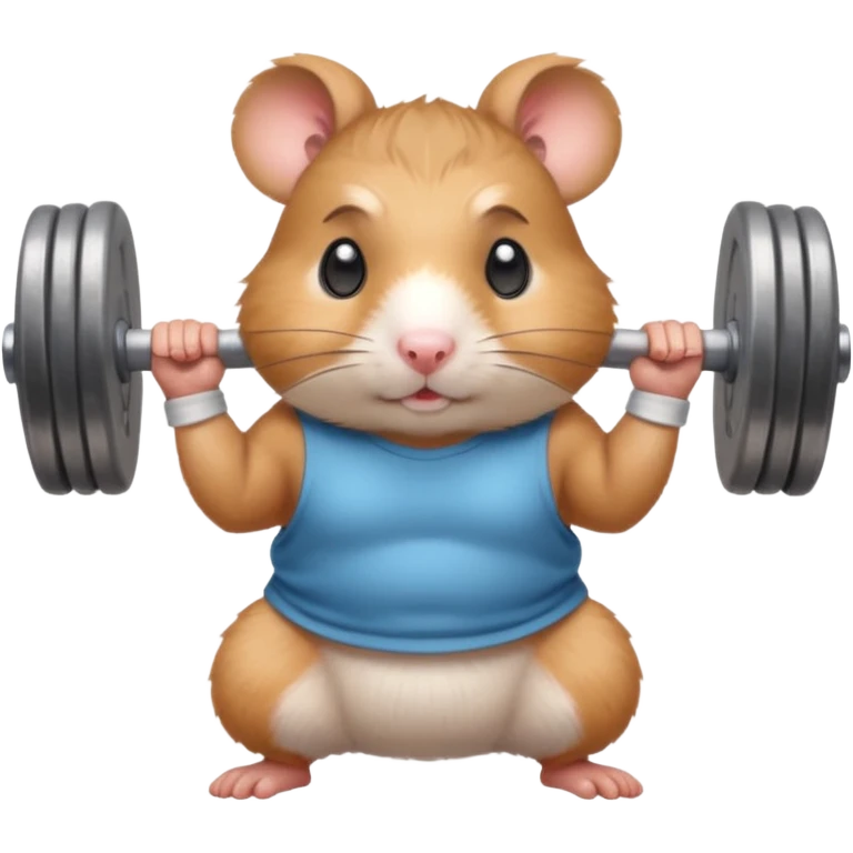 Cute cartoon-style hamster standing upright, wearing a tiny sweatband, lifting oversized dumbbells with determined expression. Soft painterly shading, expressive eyes, white background, sticker-style illustration emoji