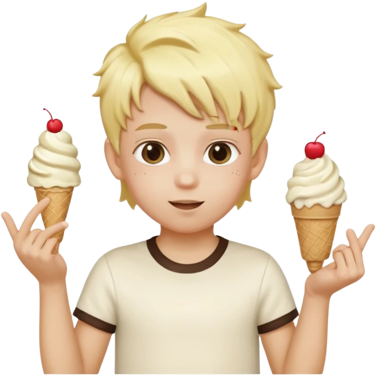 A kid with blonde icecream hair with two hands that are doing this 🫴 and flipped on the other side then have this emoji on the left hand 6️⃣ and this emoji in the other hand7️⃣ emoji