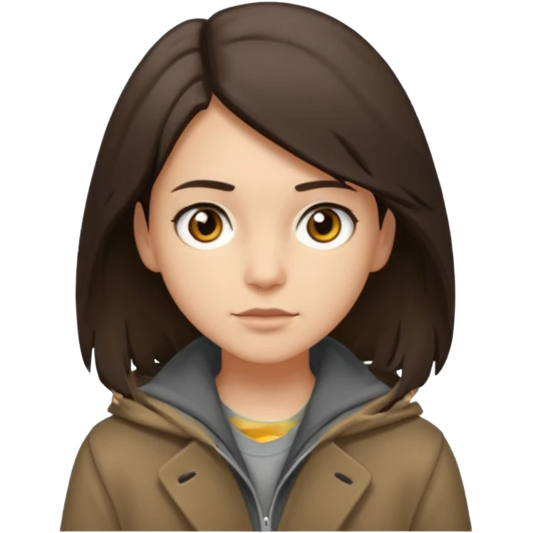 Hobo tomboy with shoulder-length dark brown hair that is parted in the middle. brown eyes, dark dull brown coat, grey shirt. emoji
