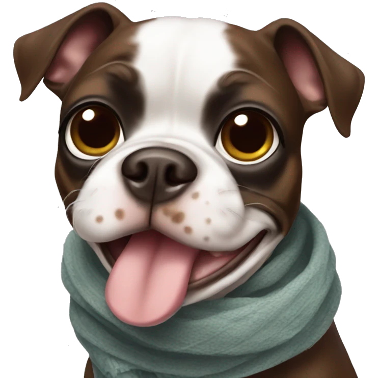 A brown spotted Boston terrier wearing scarf emoji