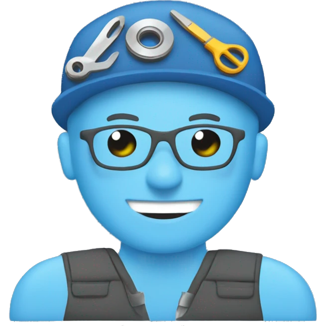 car parts mechanic, blue cothes with text cloud emoji
