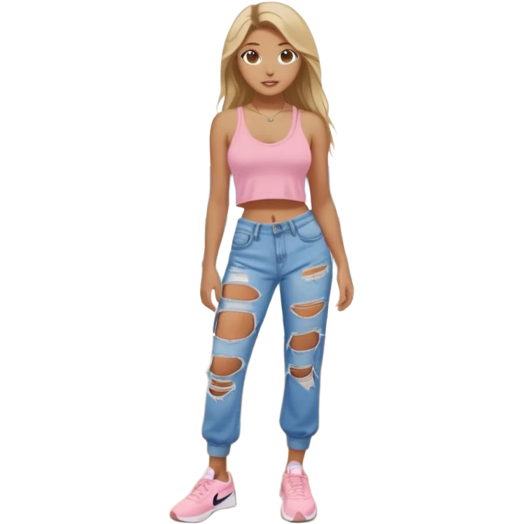 preppy teenage girl, blue eyes, tan, less blonde highlights, brown long hair, long eyelashes, beach aesthetic, wearing cute clothes, wearing ripped blue longer baggy jeans with a light pink sexy revealing low neck crop top, wearing Nike shoes, very sexy, very long eyelashes, very pretty emoji