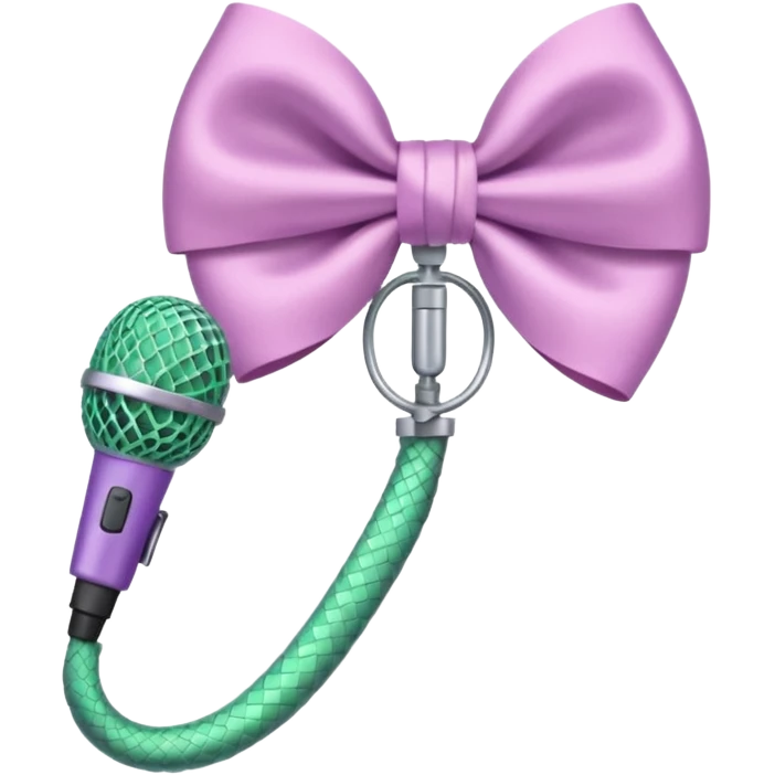 A pastel pink bow with a pastel green snake on the top of one side and a pastel purple microphone on the bottom of the other side emoji