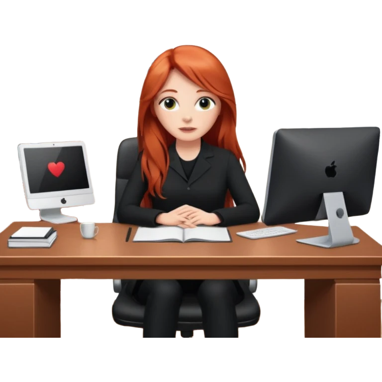 Video call therapy session: red-haired therapist with long hair wearing black minimalist clothing, seated in a professional home office, looking at the webcam; calm, modern teletherapy setting emoji