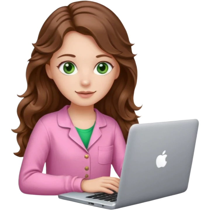 make a picture in ios 18 style of a white girl with brown long wavy hair and green eyes wearing pink pajamas and working on a laptop emoji