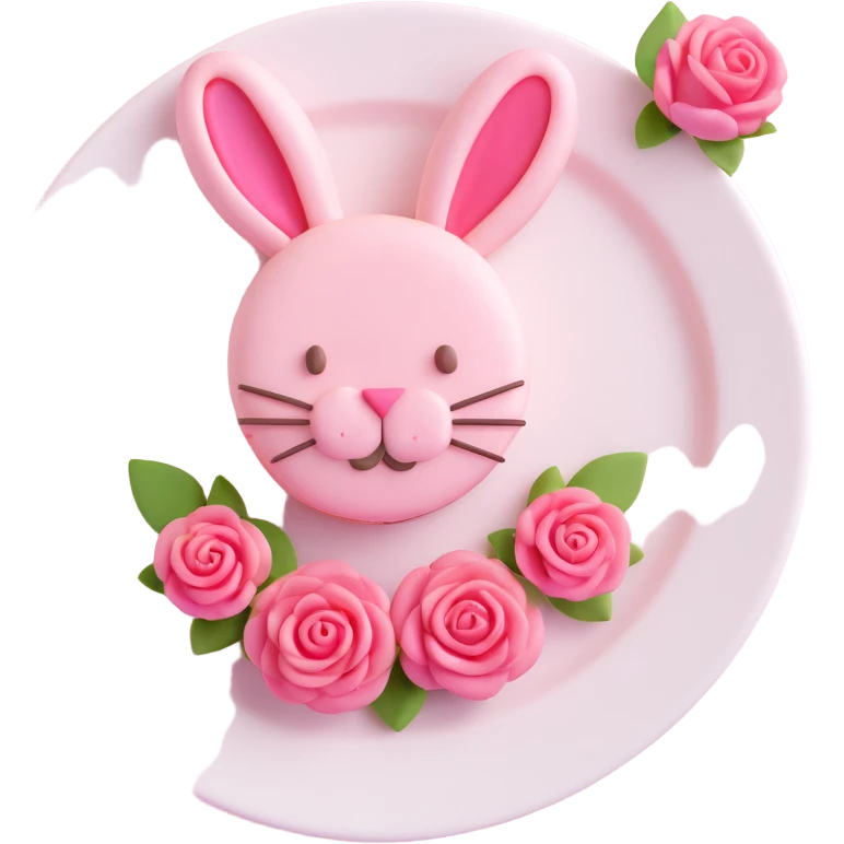 A cute bunny-shaped macaron dessert with pink frosting and a pink flower on its head, depicted in a 3D iOS style. The macaron should have a soft, rounded appearance with a slight shine, and be placed on a simple, elegant plate with pink roses around it. emoji