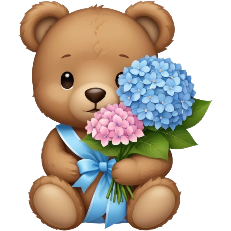 light brown teddy bear super cute holding a light pink and light blue bouquet of hydrangeas emoji