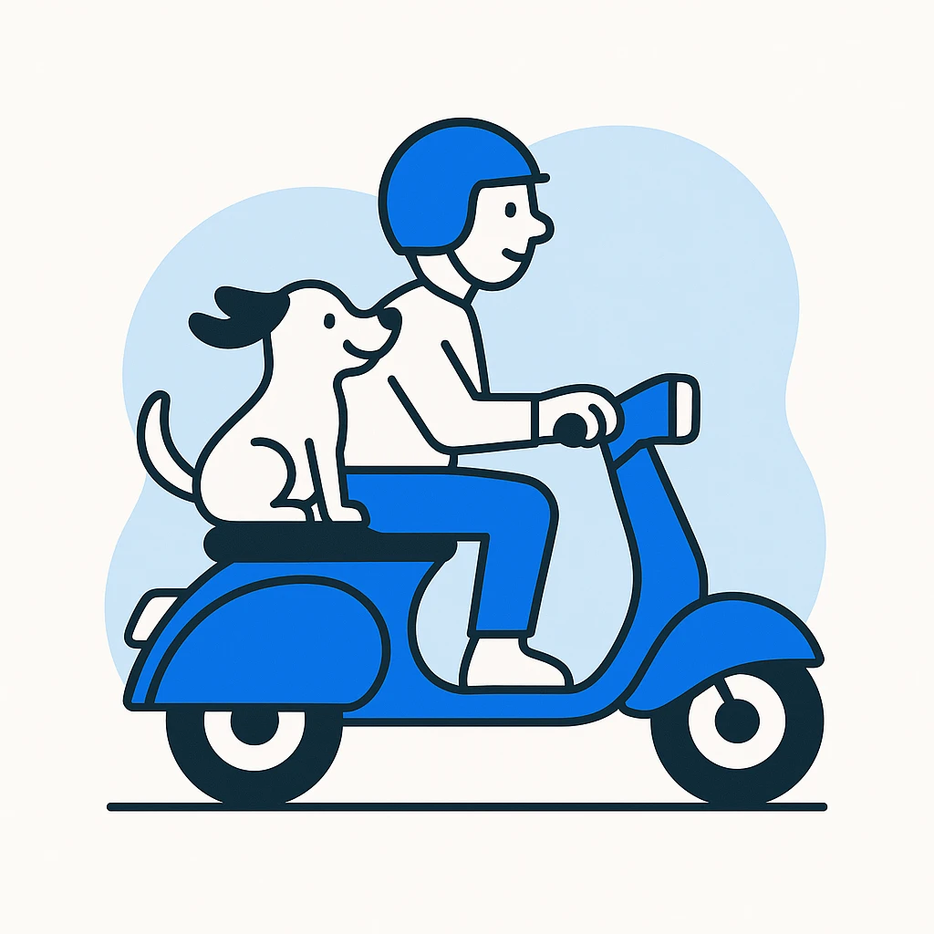 man and his pet dog riding a vespa emoji