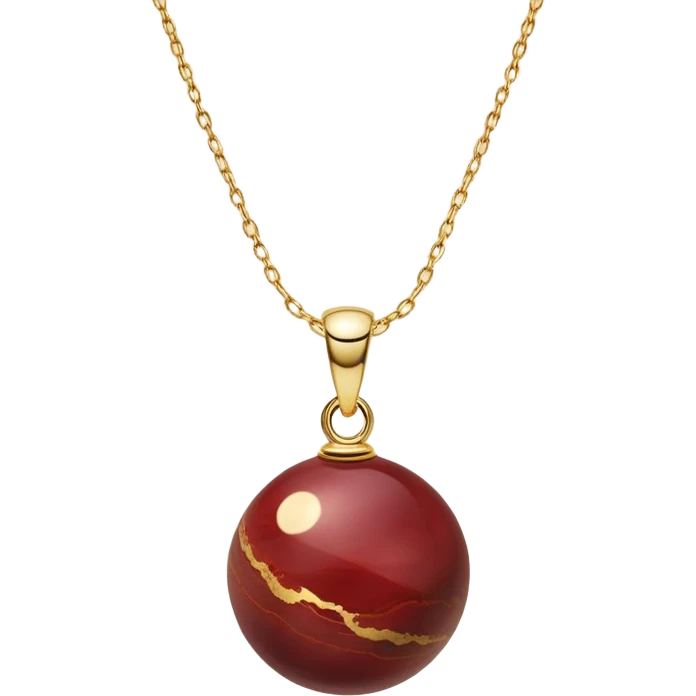 A polished round ball wine jasper pendant suspended from a delicate gold chain, like a drop of enchanted starlight, glowing with the warmth of passion and the quiet power of transformation emoji