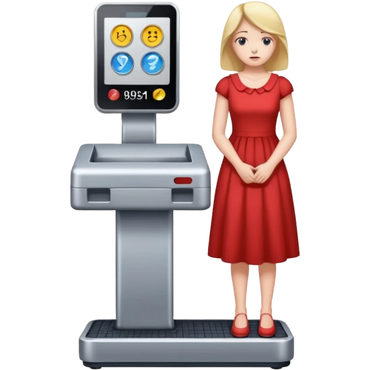 women is standing on weight check machine and she is sad because his weight is not ganaing emoji
