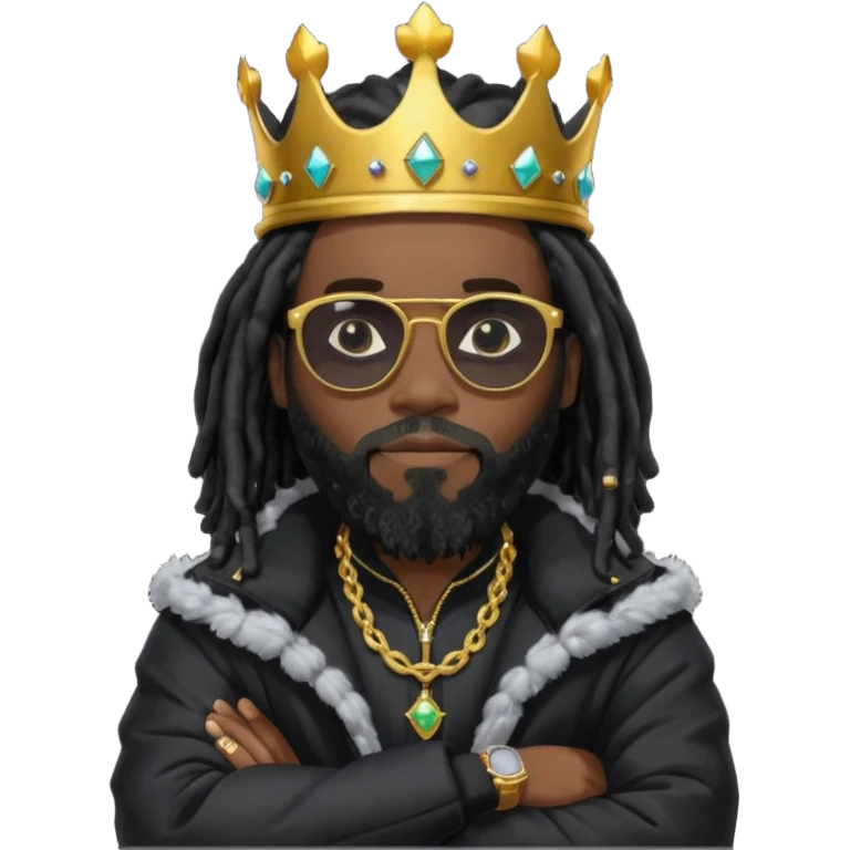 African American man with shoulder length black dreadlocks with black beard wearing  dark black sunglasses with a black bubble winter coat wearing a crown with arms folded emoji