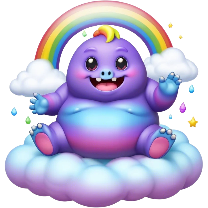 3D, Kawaii derpy fat rainbow monster sitting on a magic rainbow hued cloud, rich textures, visually detailed, so lifelike that it feels like it could leap off the page at any moment emoji