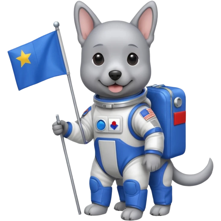 a gray dog in space suit, holding blue rectangle flag, full body, front view emoji