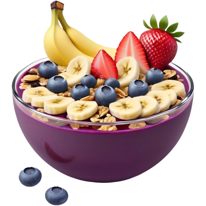 A delicious açaí bowl with a smooth, deep purple base, topped with neatly arranged banana slices, fresh strawberries, blueberries, and granola. The bowl is simple and modern, with a clean, flat illustration style. No shadows or gradients, perfect for a minimal and modern aesthetic. emoji