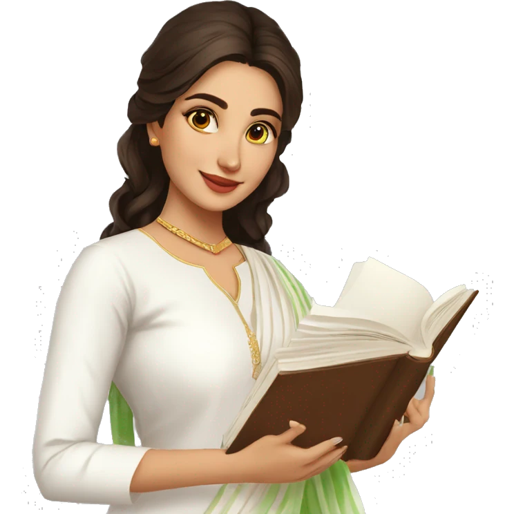 A modern women wearing  simple full white kurti  badhni dupatta and book in hand emoji
