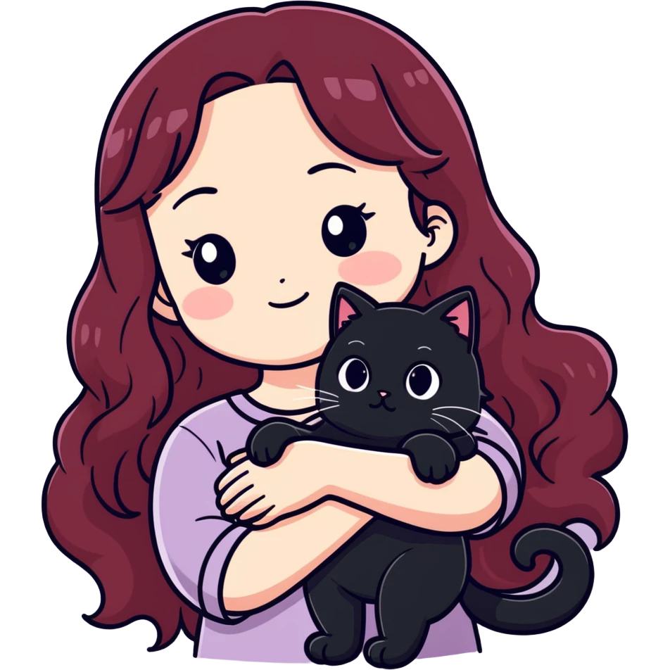 Girl with long wavy burgundy hair is Sad with tears, as shes holding one fat cat, black cat with all white paws and white belly emoji