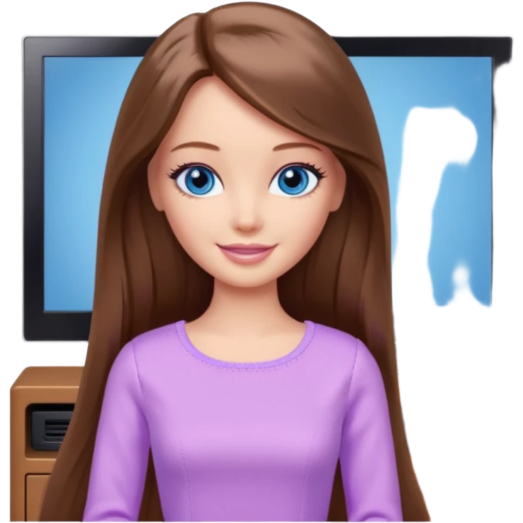 beautiful barbie girl with long brown hair, blue eyes and wearing light purple clothes watching netflix on tv emoji