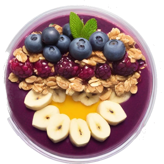 Açaí in a clear cup with layers of fruits and granola and condensed milk emoji