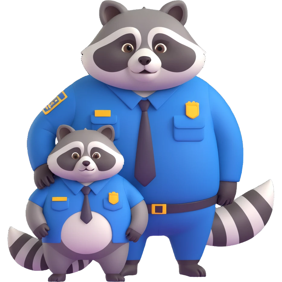 Add a friendly pet raccoon beside the fat federal agent in 3D cartoon style with transparent background. emoji