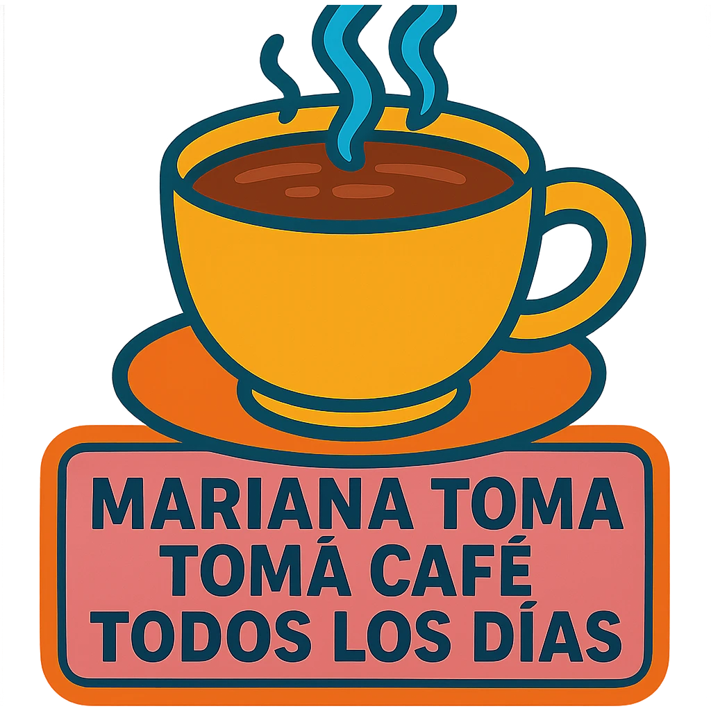Make the coffee cup much larger while keeping the phrase 'mariana toma café todos los días' in vibrant sticker style with transparent background. emoji