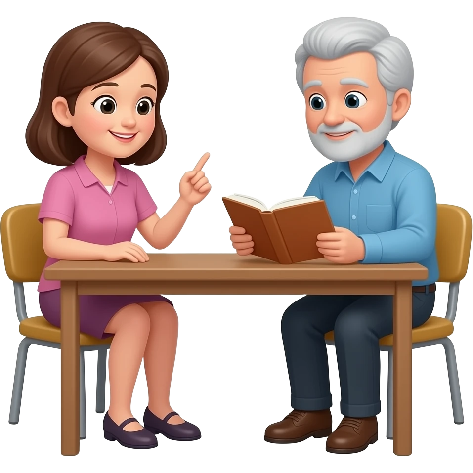 one adult teaching another adult to read sitting at a table with one book emoji