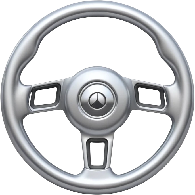 A futuristic steering wheel emoji made of silver chrome, minimal geometric design, smooth metallic surface, soft reflections, iOS emoji style, centered, clean white background emoji