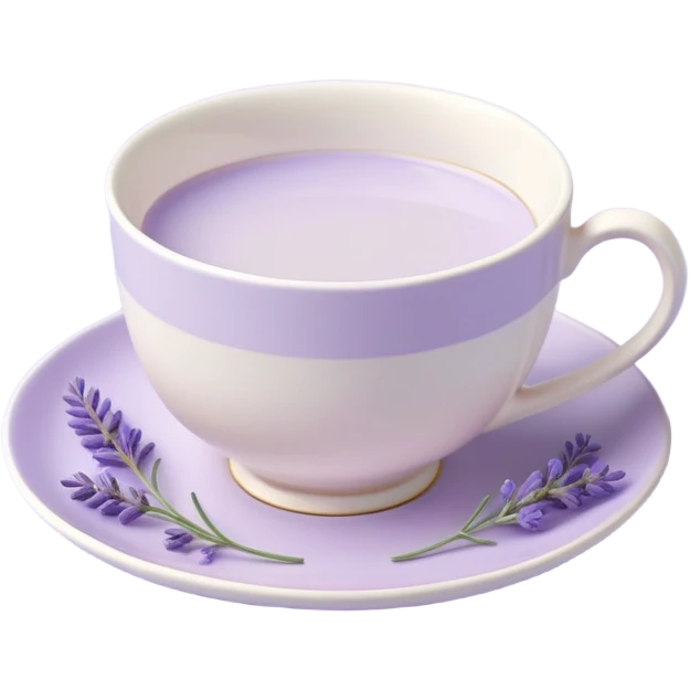 White teacup on a pastel purple plate, lavender flowers on the side, pastelcore aesthetic emoji