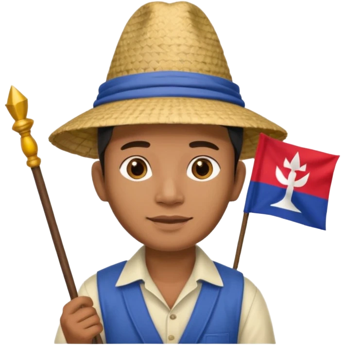 Cambodian man Tourist Guide with small cambodian flag in hand and traditional cambodian hat emoji