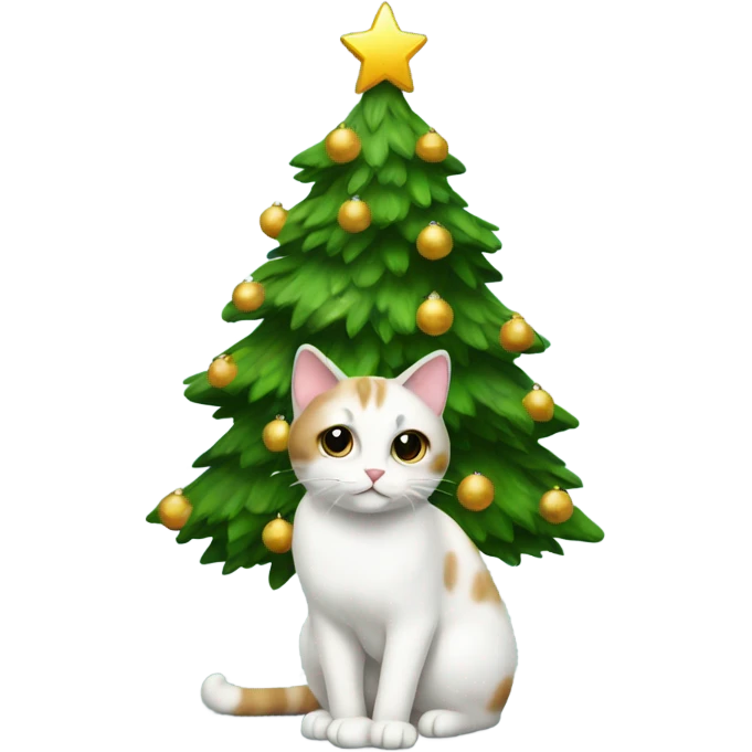 Christmas tree with white cat with brown spots underneath  emoji