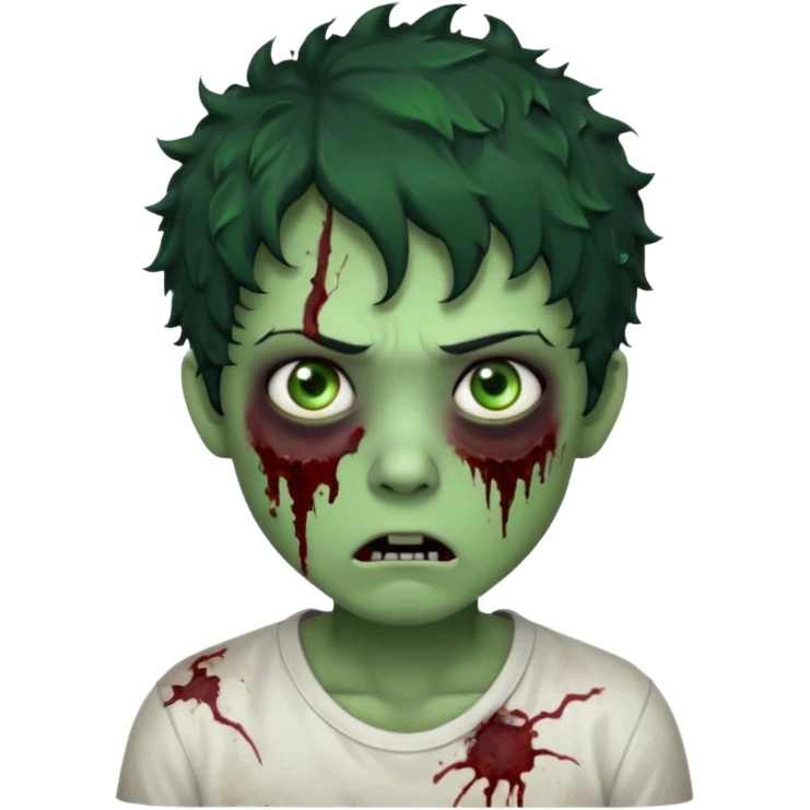 zombie character with green skin, messy short curly black hair, and no glasses. Give him large expressive eyes, a slightly frightened or eerie expression, subtle wounds, dark under-eye shadows, and a few cracks or dried blood marks on the face.  white shirt and no bleeding eyes **BLACK HAIR** emoji