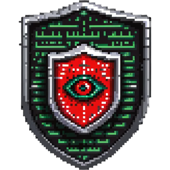 Shield badge with binary code pattern and a red warning eye symbol, cybersecurity expert emoji