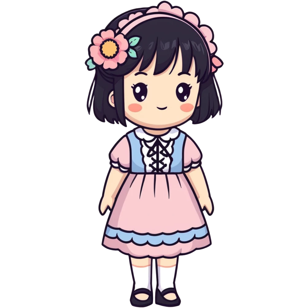 Adorable anime girl with black hair in a beautiful cottagecore dress with pastel colors and floral elements emoji
