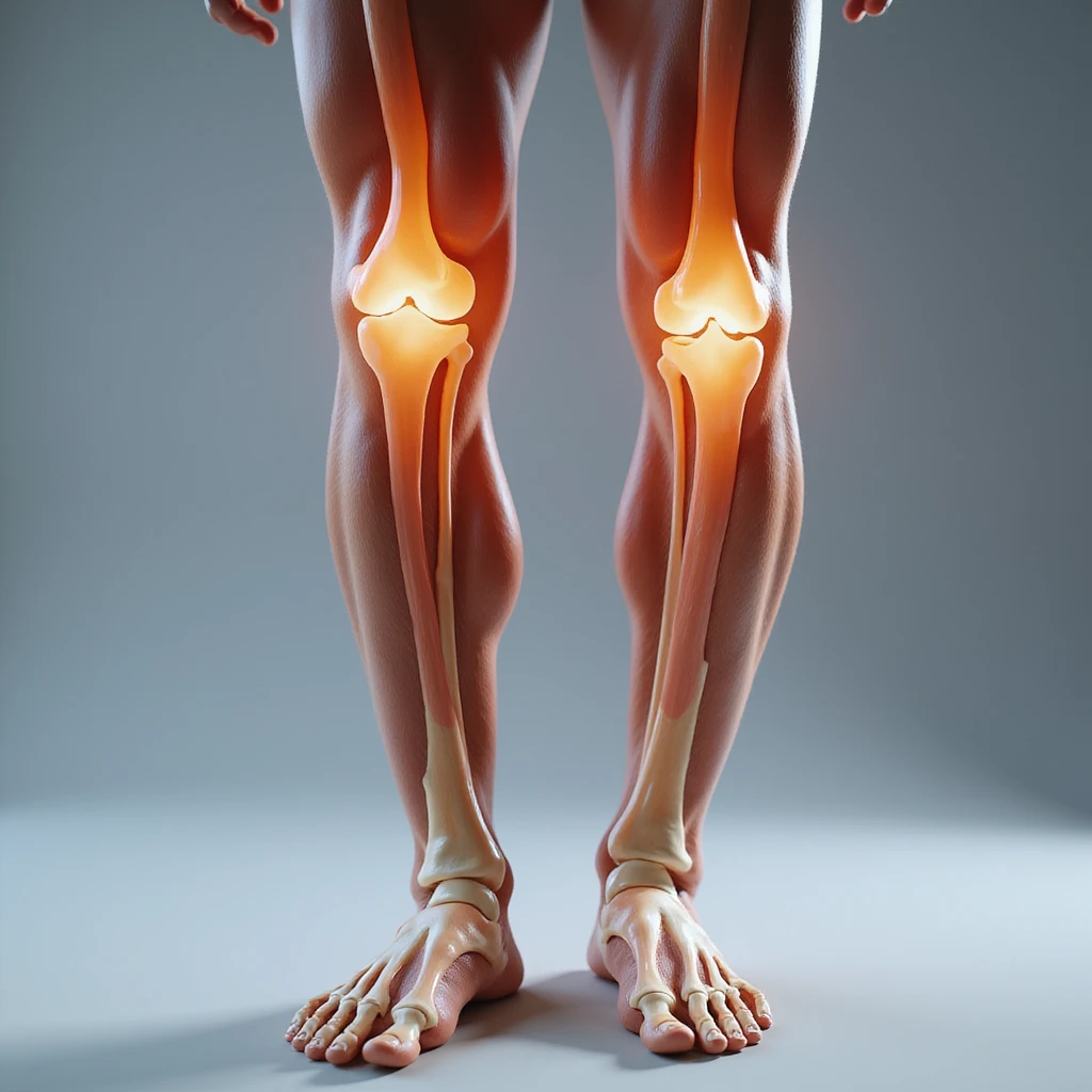 hyperrealistic 4K anatomical view of valgus knee, man's legs, knees touching and ankles separated, bones and joint highlighted, white background, valgus deviation clearly visible, variant 8 with slightly changed overall body position emoji
