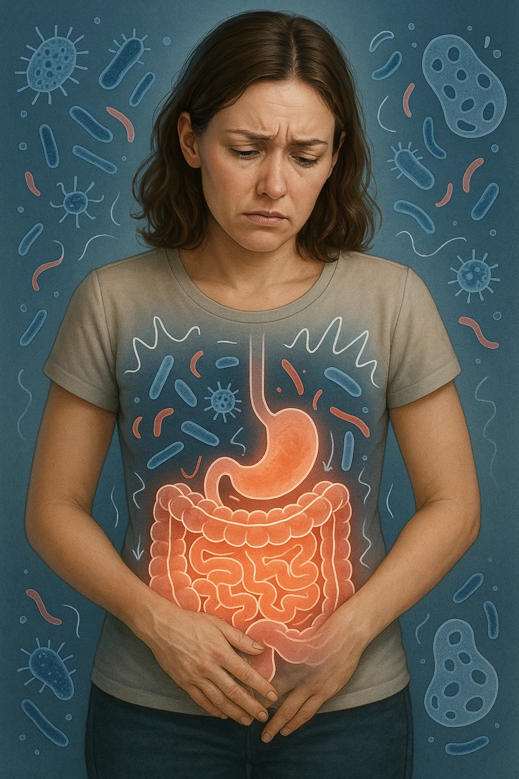 Donna con disequilibrio della flora microbica intestinale 4k emoji