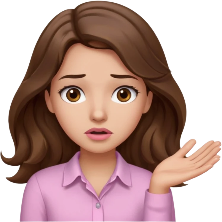 girl with wavy long brown hair, brown eyes, light to medium complexion, long lashes, light pink lipstick, wearing light pink shirt, shrugging with both hands, confused emoji