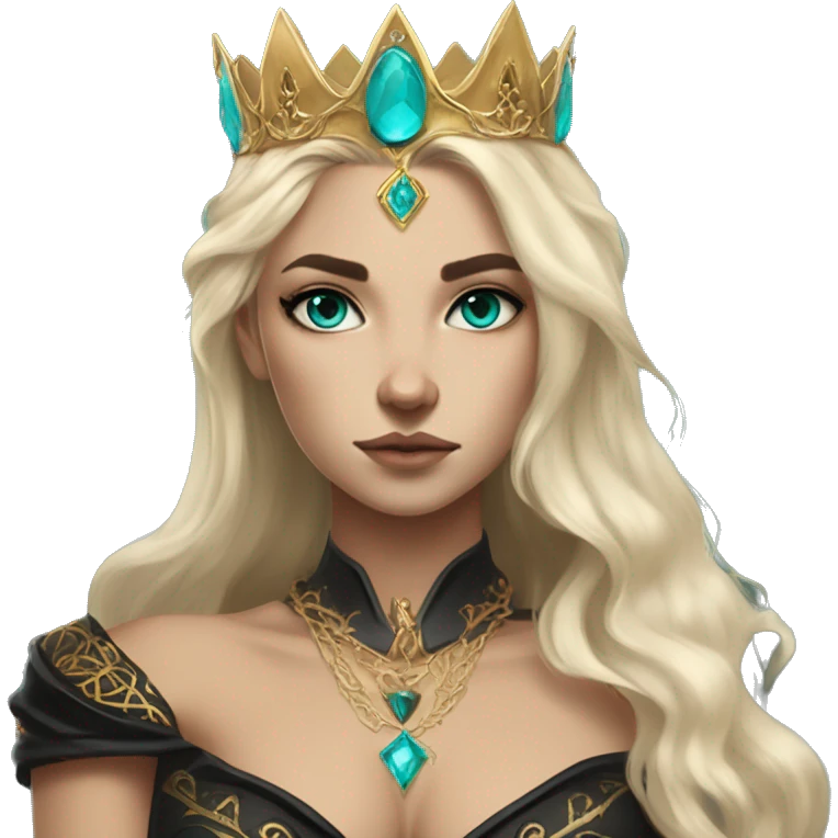Aelin has white or golden blonde hair, turquoise eyes with a gold ring around the pupil, and tattoos and scars. Wearing a black and gold gown with a crown made of fire emoji