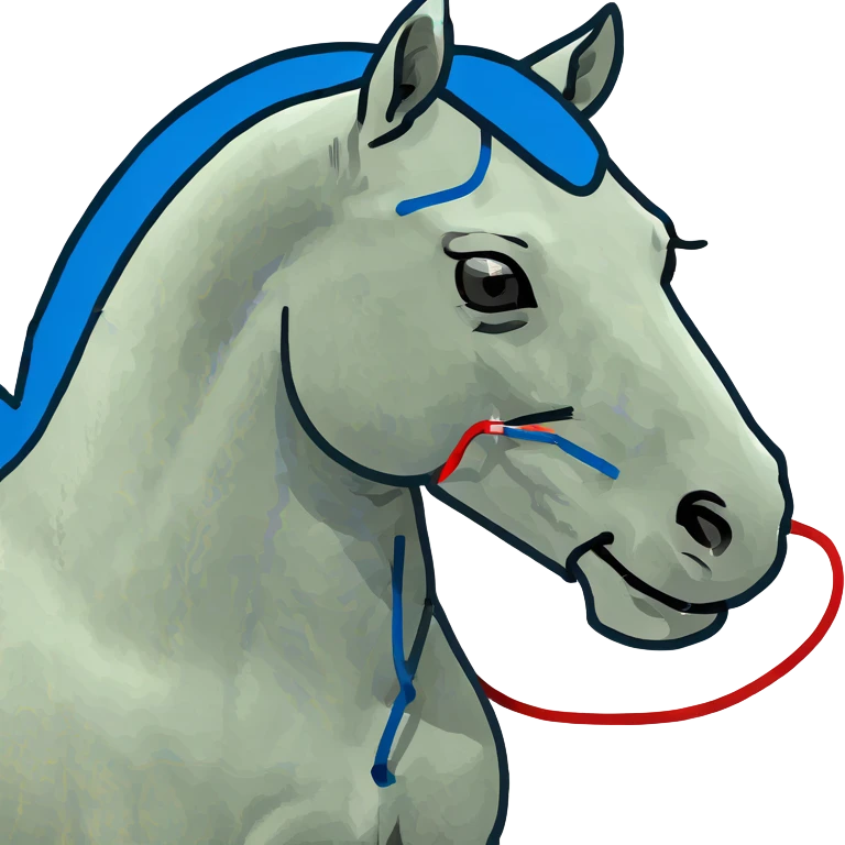 fast electric horse made of electricity, metal plates, bolts, visible blue and red wires, lightning coursing through its body emoji