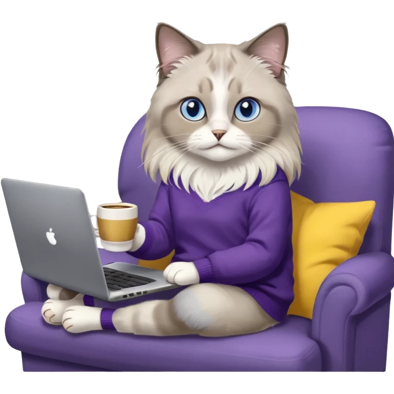 a cute blue eyed brown and white ragdoll cat with white paws and brown and beige tail wearing the dark violet sweater with yellow letteting "Milena" sitting on a grey sofa with grey laptop branded lettering "Lenovo" and drinking coffee emoji