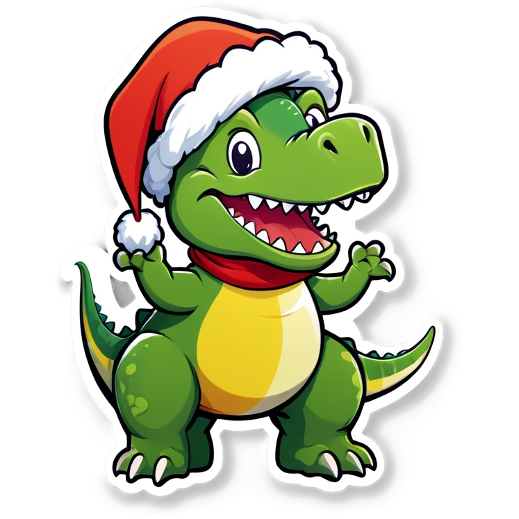 Happy green Dino wearing a Santa hat emoji