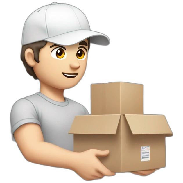 Pale skinned fit Man with dark brown hair in a white cap, gray jeans and gray polo T-shirt keeping a pasted with tape box into his hands emoji