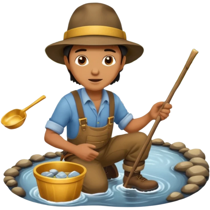 create a gold miner panning for gold near a stream emoji